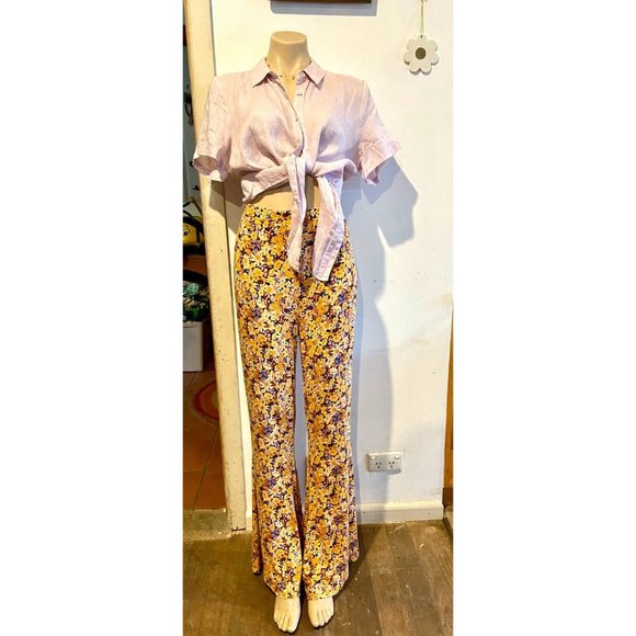 🌱 SPORTSGIRL floral retro 60's yellow flared pants hippy size XL stretch (14) - Picture 6 of 13